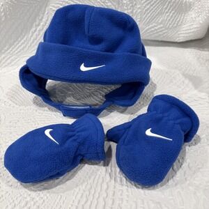 NIKE Baby Infant Blue Trapper Hat and Mittens 2 Piece Set Fleece Chin Strap